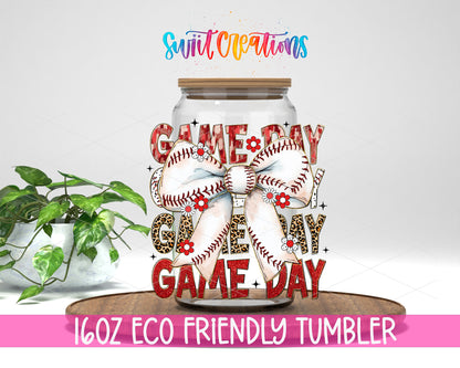 Coquette Baseball Game Day design on a 16 oz clear glass tumbler with bamboo lid