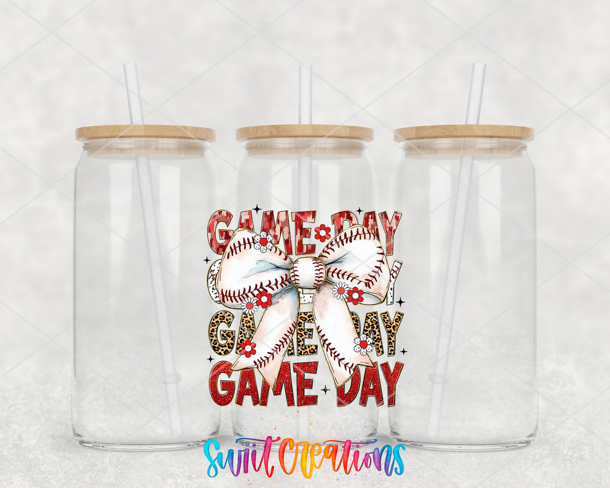 Coquette Baseball Game Day clear glass tumbler group mockup with bamboo lids and straws