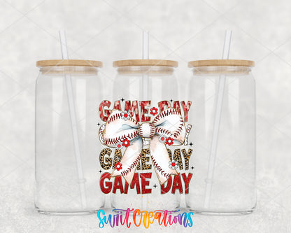 Coquette Baseball Game Day clear glass tumbler group mockup with bamboo lids and straws
