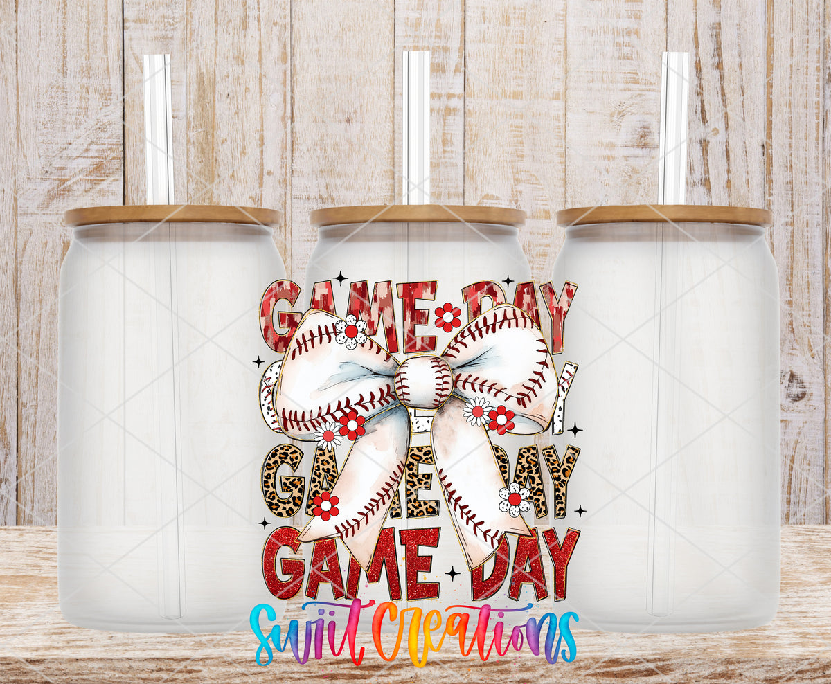 Coquette Baseball Game Day frosted glass tumbler mockup with bamboo lids and straws