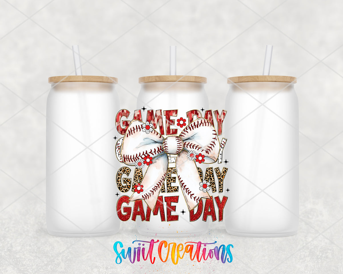 Coquette Baseball Game Day frosted glass tumbler group view with lids and straws