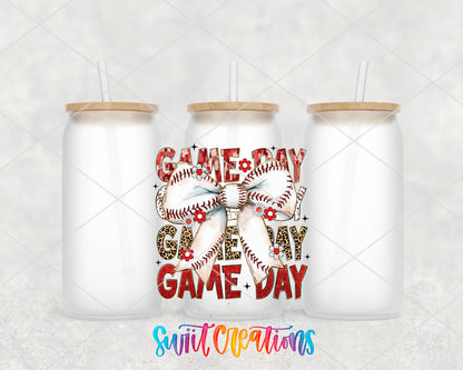Coquette Baseball Game Day frosted glass tumbler group view with lids and straws