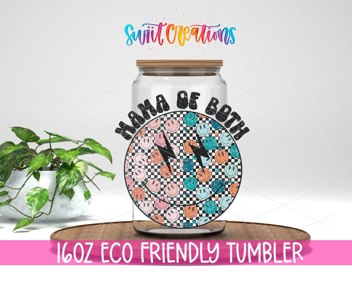 Mama of Both design on a 16 oz clear glass tumbler with bamboo lid