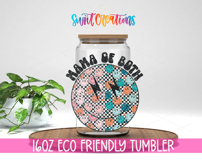 Mama of Both design on a 16 oz clear glass tumbler with bamboo lid