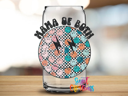 Mama of Both design close-up on a clear glass can tumbler