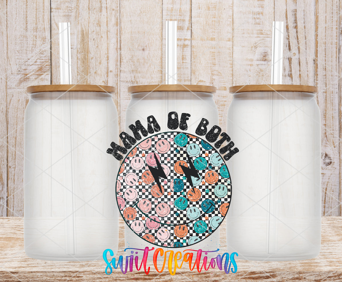 Mama of Both frosted glass tumbler mockup with bamboo lids and straws