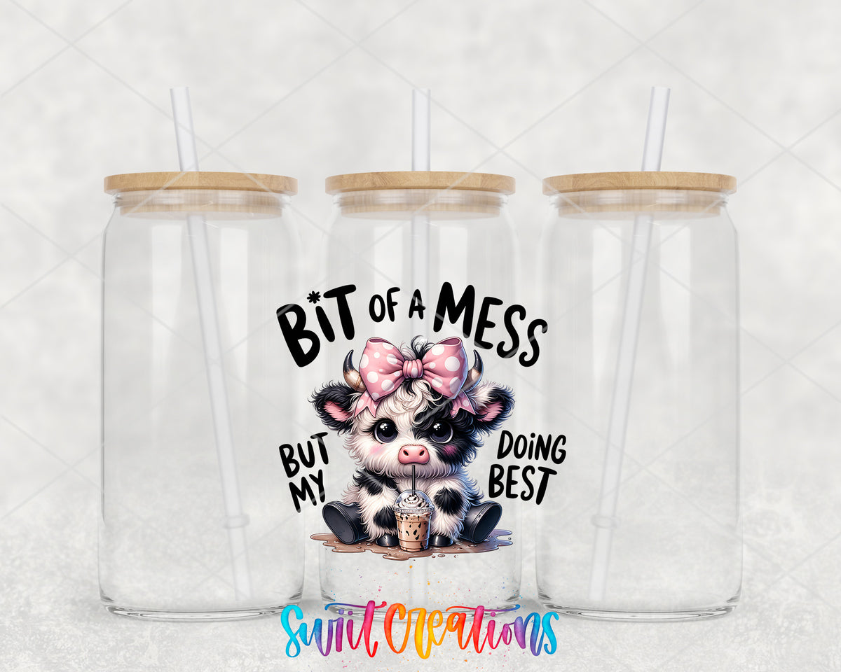 Bit of a Mess Cow clear glass tumbler group mockup with bamboo lids and straws