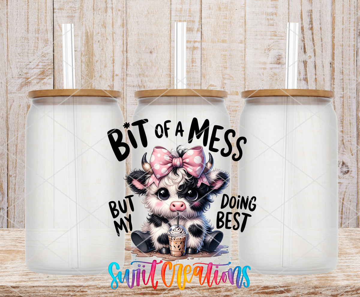 Bit of a Mess Cow frosted glass tumbler mockup with bamboo lids and straws