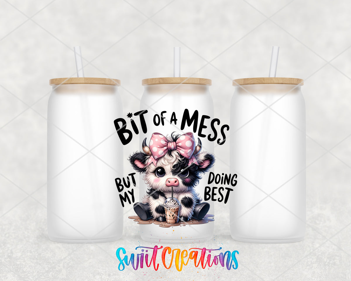Bit of a Mess Cow frosted glass tumbler group view with lids and straws