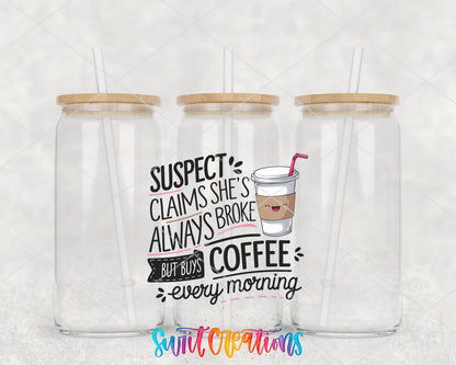 Suspect Is Always Broke clear glass tumbler group mockup with bamboo lids and straws