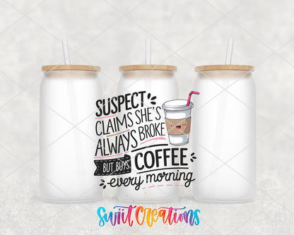 Suspect Is Always Broke frosted glass tumbler group view with lids and straws