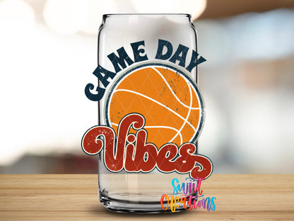 Basketball Game Day Vibes design close-up on a clear glass can tumbler