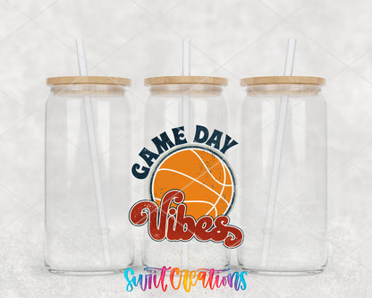 Basketball Game Day Vibes clear glass tumbler group mockup with bamboo lids and straws