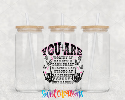 You Are a Badass Affirmation clear glass tumbler group mockup with bamboo lids and straws