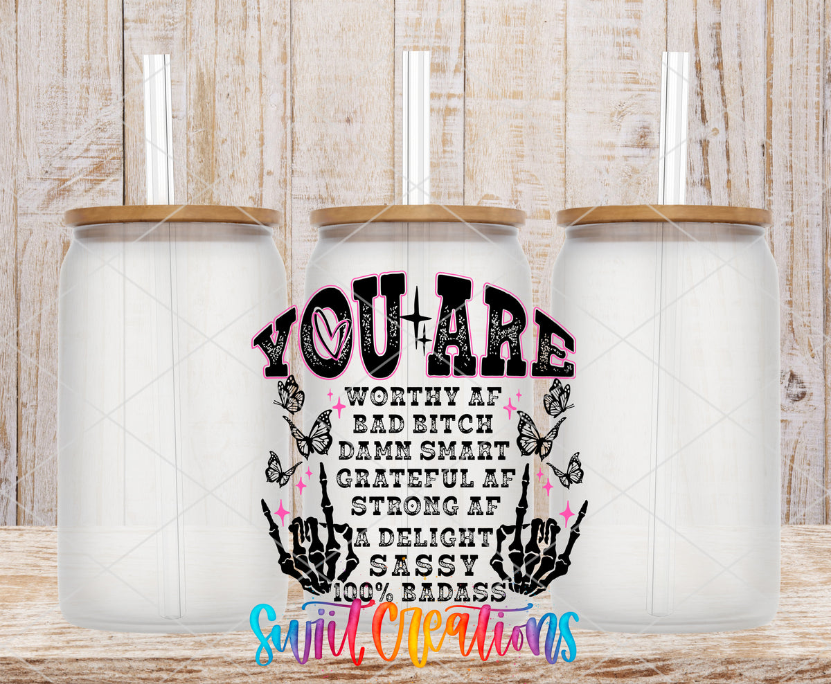 You Are a Badass Affirmation frosted glass tumbler mockup with bamboo lids and straws