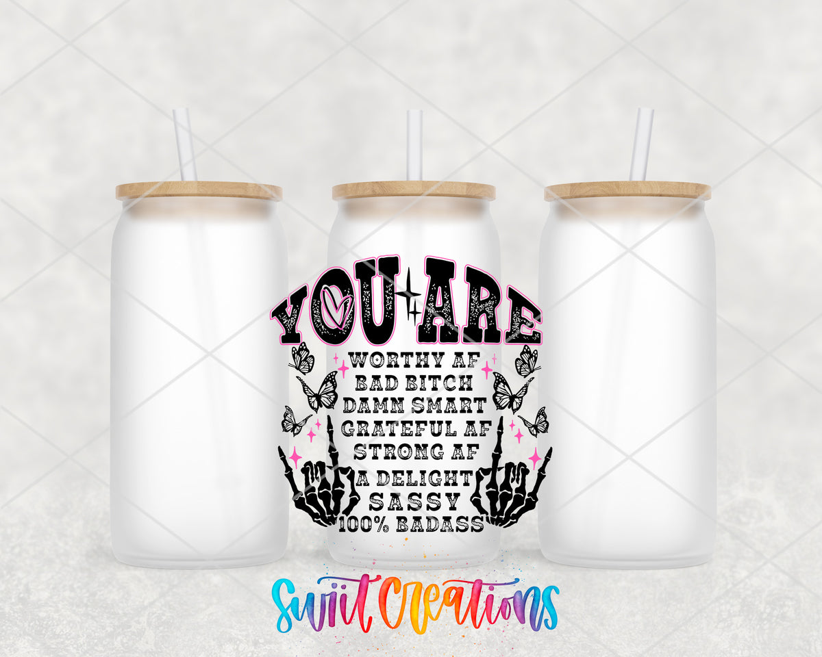 You Are a Badass Affirmation frosted glass tumbler group view with lids and straws