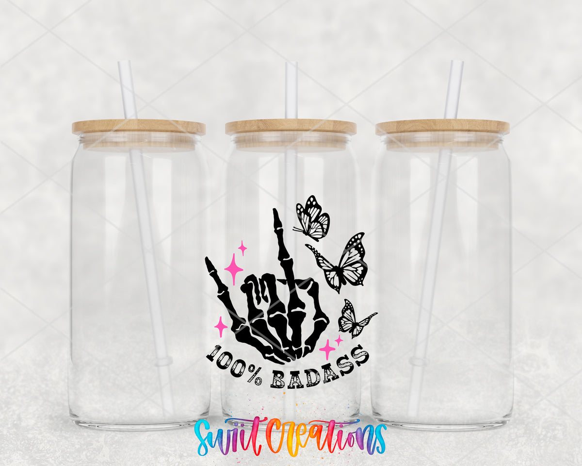 100% Badass clear glass tumbler group mockup with bamboo lids and straws