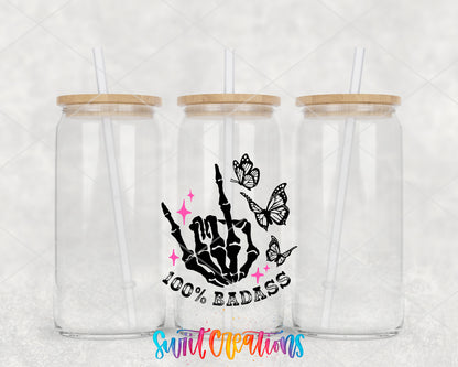 100% Badass clear glass tumbler group mockup with bamboo lids and straws