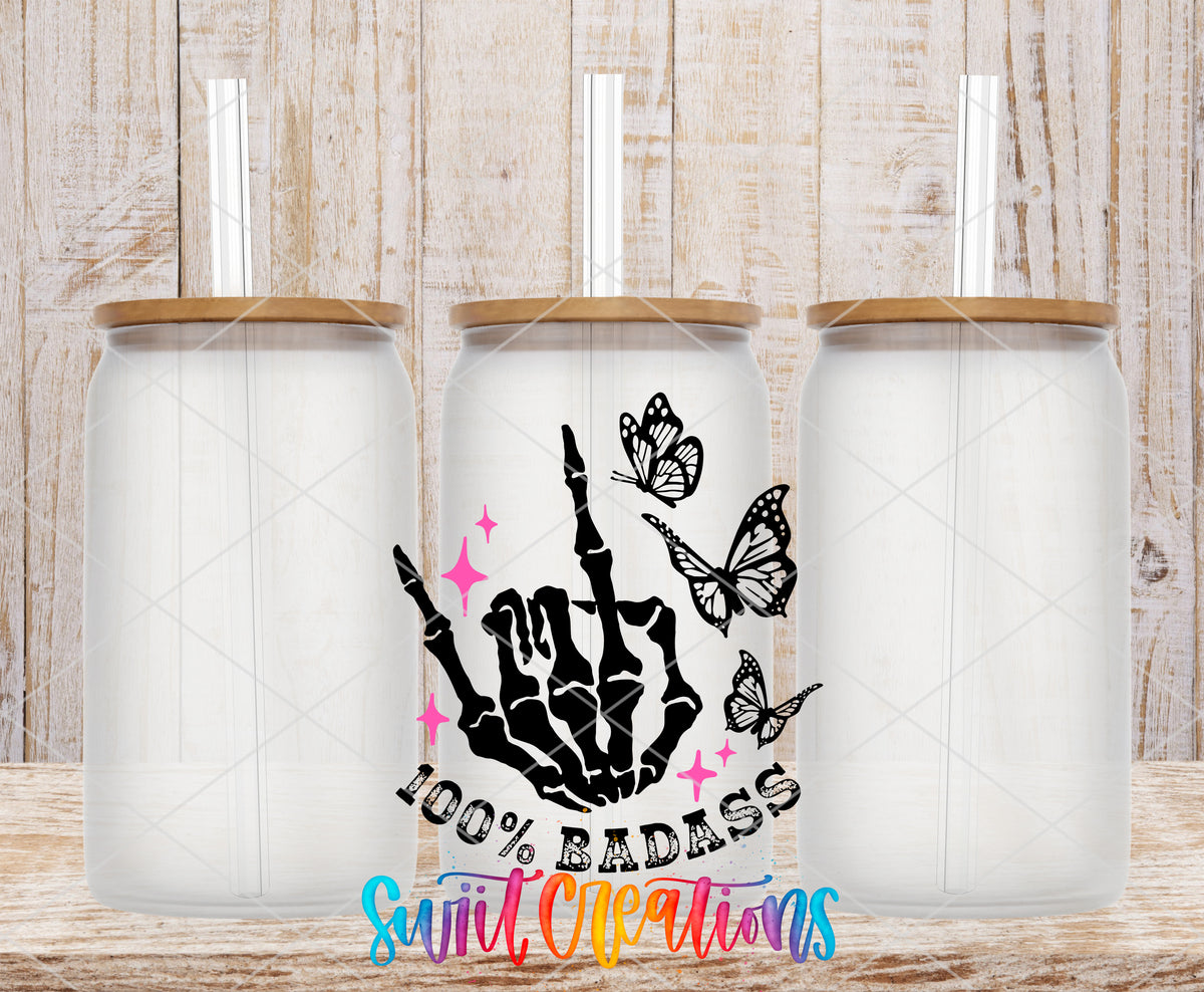 100% Badass frosted glass tumbler mockup with bamboo lids and straws