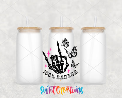 100% Badass frosted glass tumbler group view with lids and straws