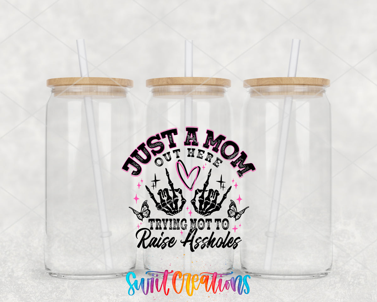 Trying Not to Raise Assholes clear glass tumbler group mockup with bamboo lids and straws