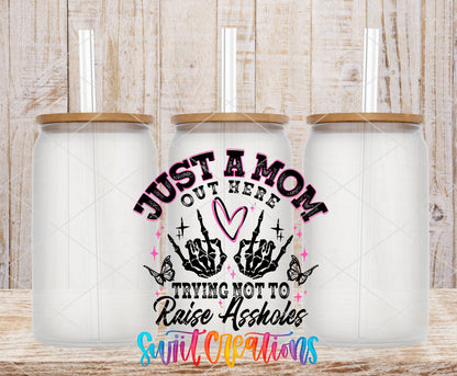 Trying Not to Raise Assholes frosted glass tumbler mockup with bamboo lids and straws