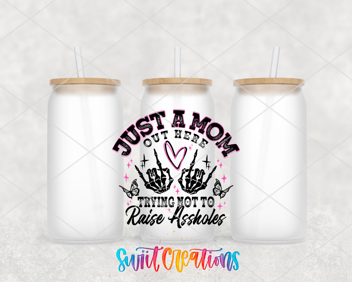 Trying Not to Raise Assholes frosted glass tumbler group view with lids and straws