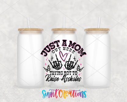 Trying Not to Raise Assholes frosted glass tumbler group view with lids and straws