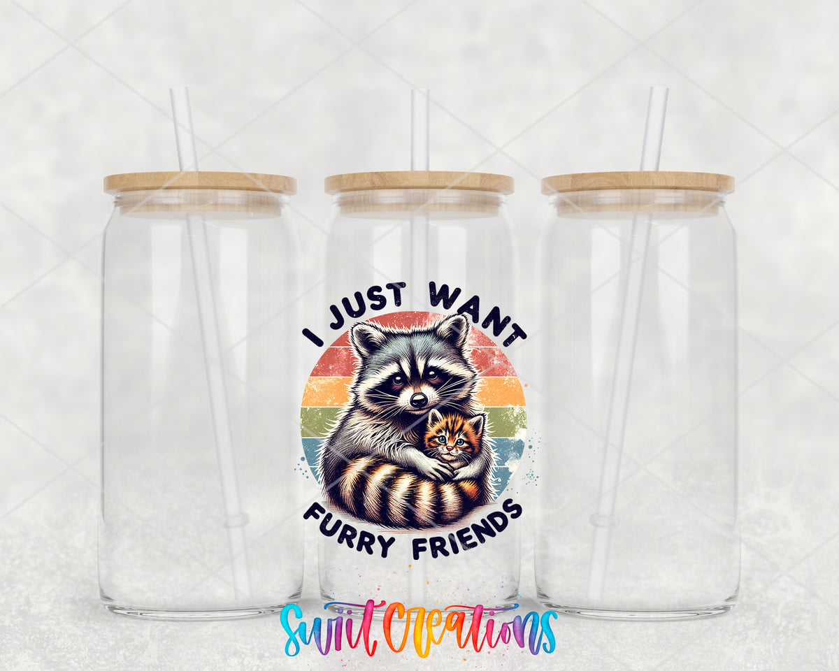 I Just Want Furry Friends clear glass tumbler group mockup with bamboo lids and straws