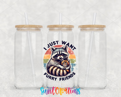 I Just Want Furry Friends clear glass tumbler group mockup with bamboo lids and straws