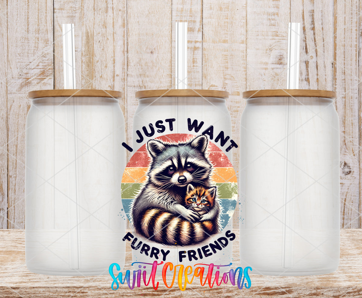 I Just Want Furry Friends frosted glass tumbler mockup with bamboo lids and straws