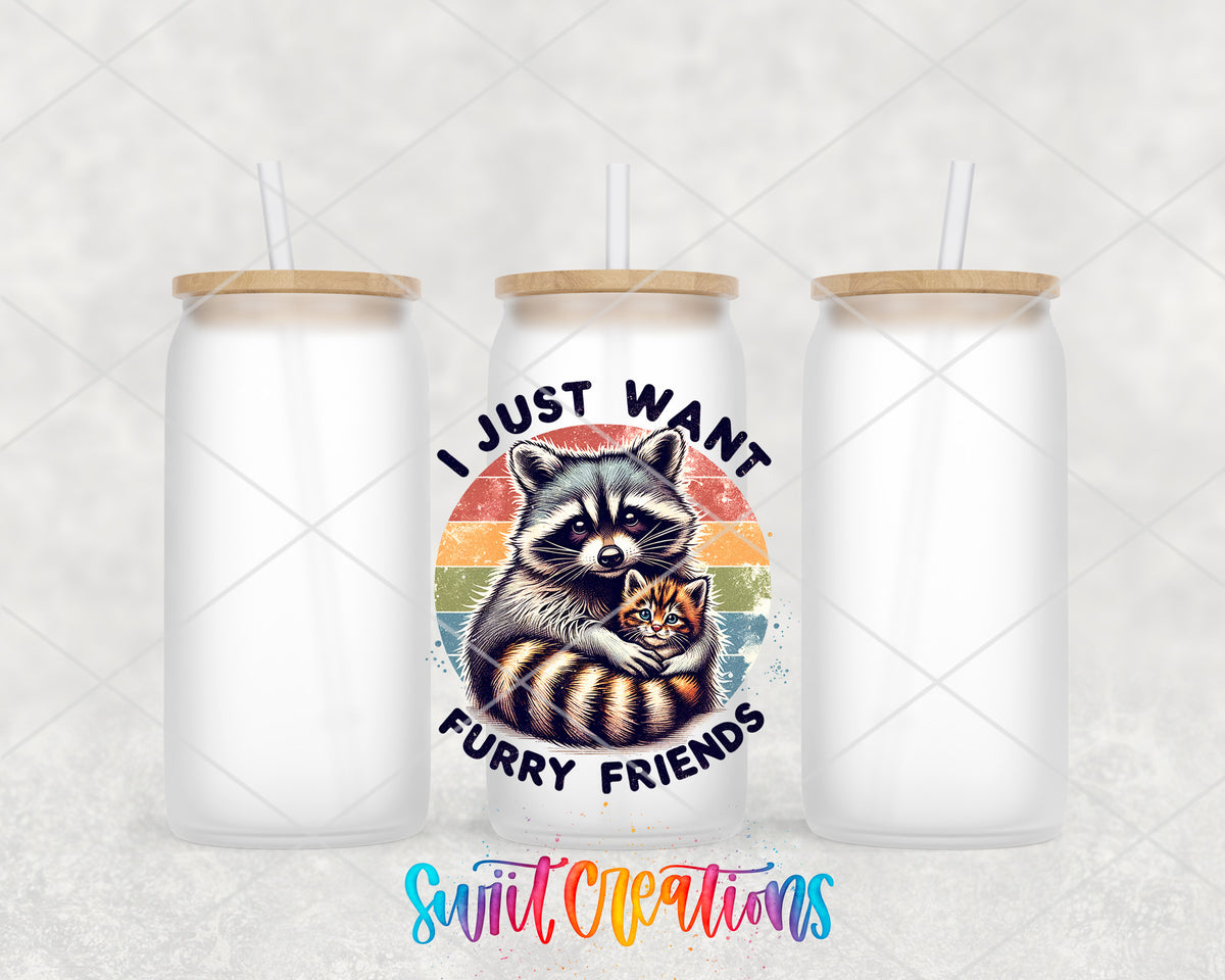 I Just Want Furry Friends frosted glass tumbler group view with lids and straws