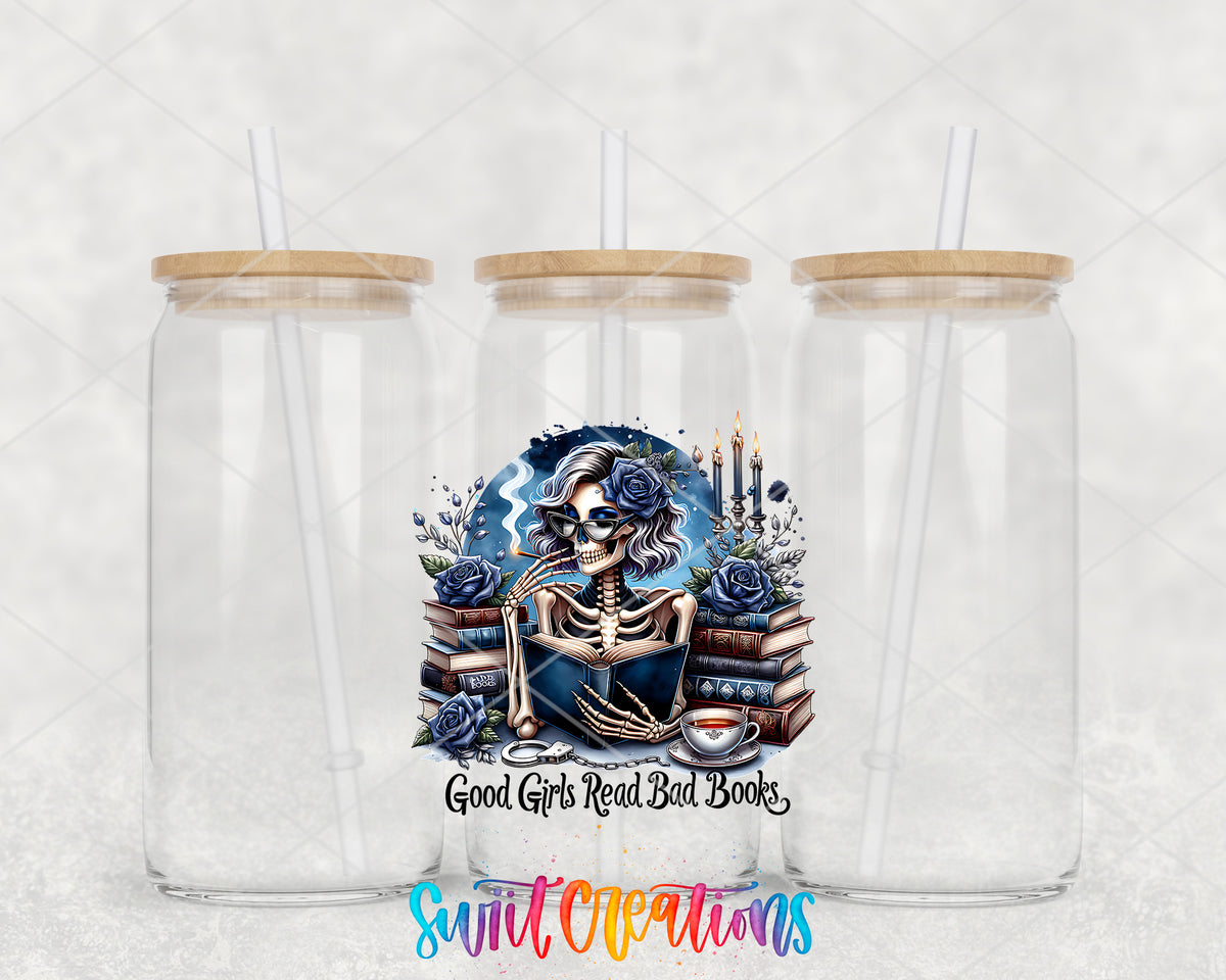Good Girls Read Bad Books clear glass tumbler group mockup with bamboo lids and straws