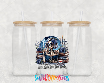 Good Girls Read Bad Books clear glass tumbler group mockup with bamboo lids and straws