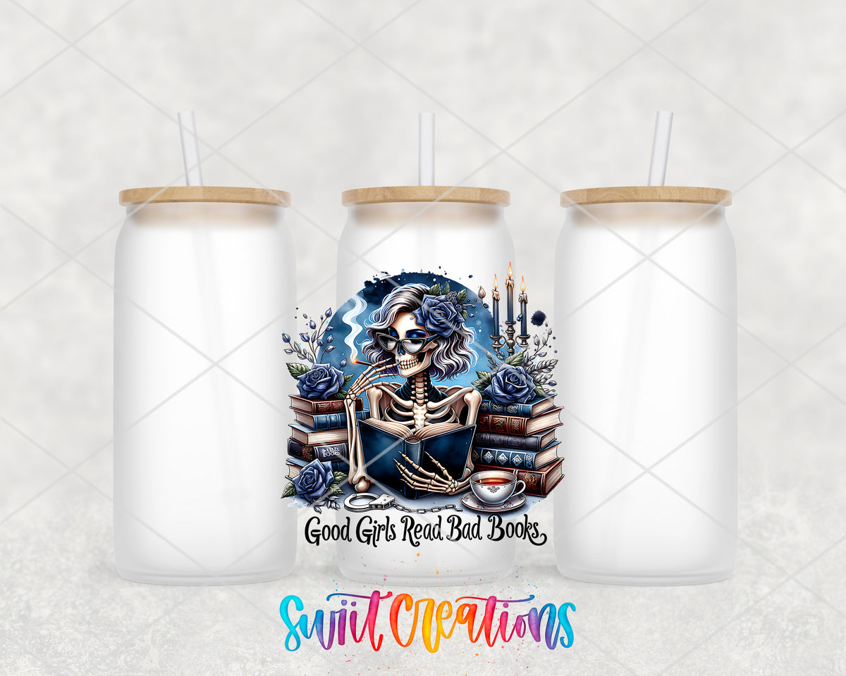Good Girls Read Bad Books frosted glass tumbler group view with lids and straws