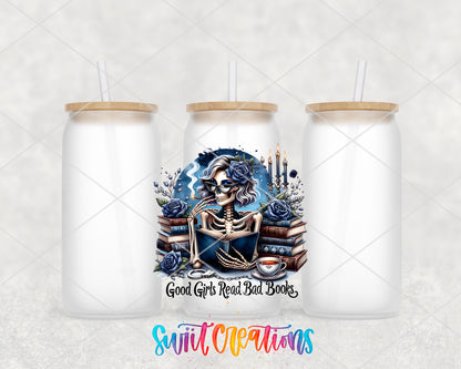 Good Girls Read Bad Books frosted glass tumbler group view with lids and straws