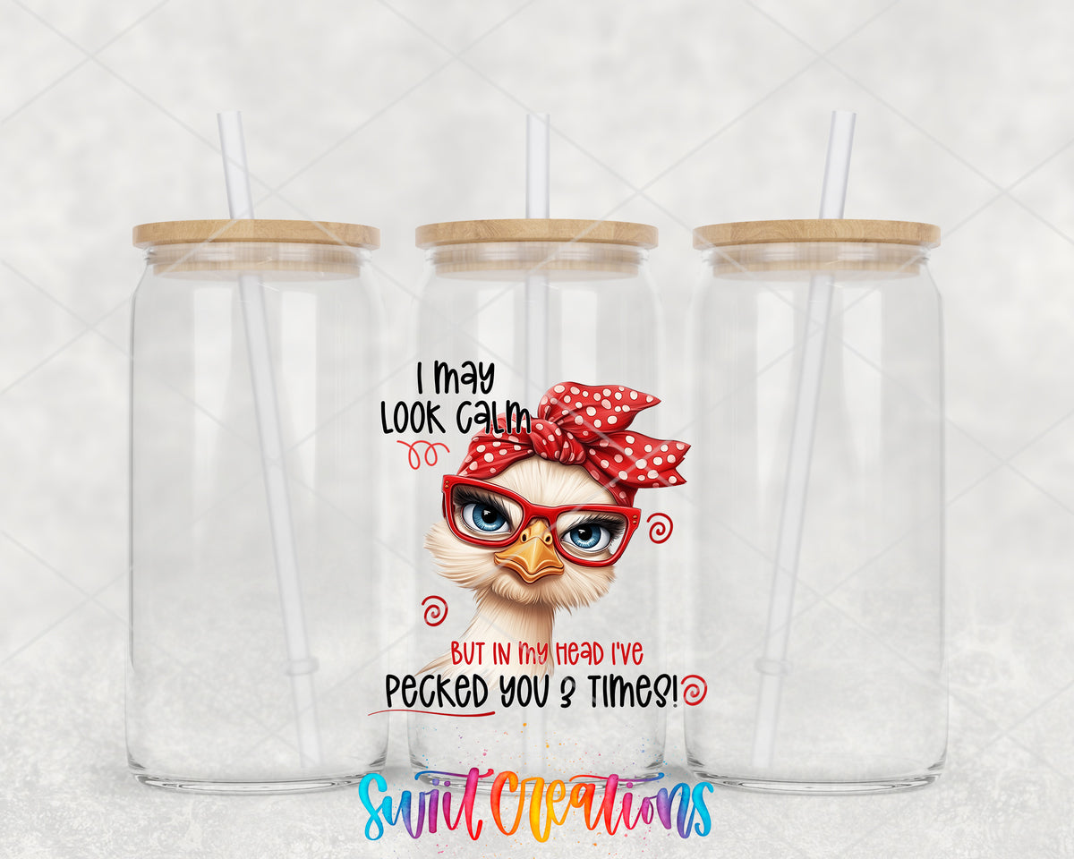 I May Look Calm clear glass tumbler group mockup with bamboo lids and straws