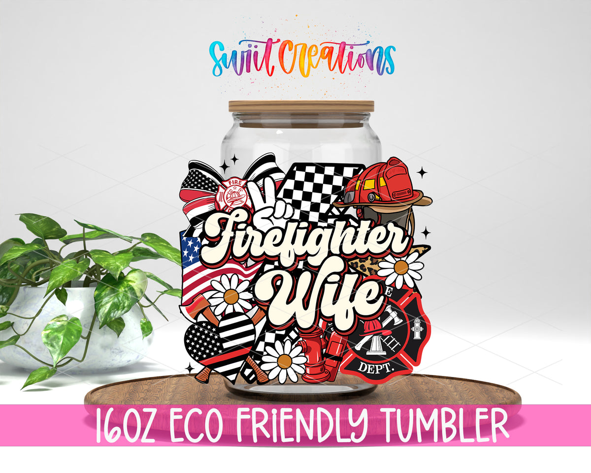 Firefighter Wife design on a 16 oz clear glass tumbler with bamboo lid