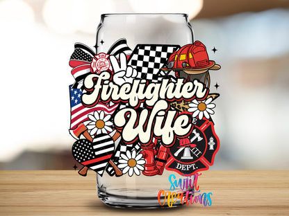 Firefighter Wife design close-up on a clear glass can tumbler