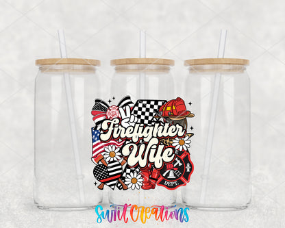 Firefighter Wife clear glass tumbler group mockup with bamboo lids and straws