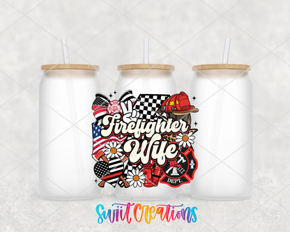 Firefighter Wife frosted glass tumbler group view with lids and straws