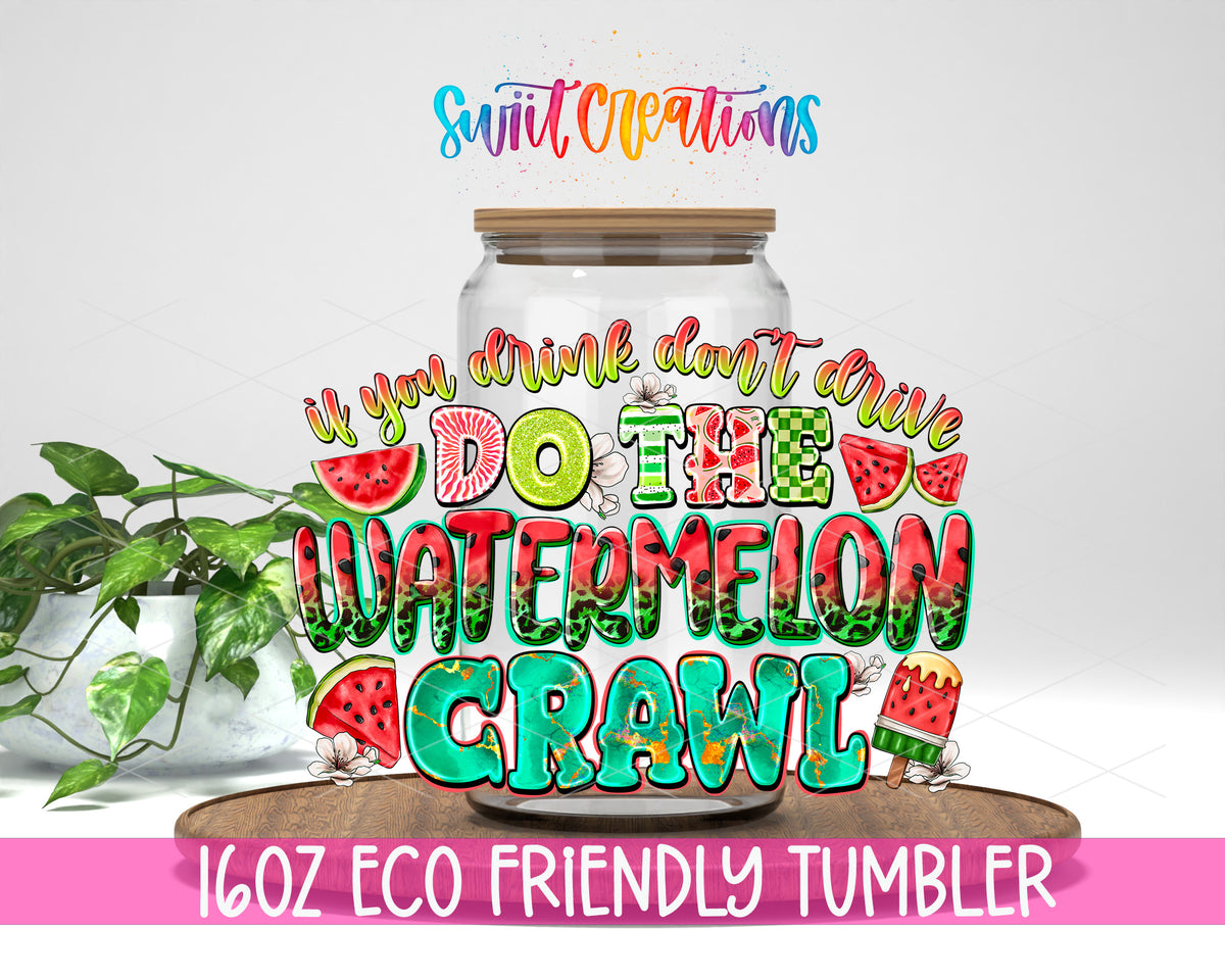 Watermelon Crawl design on a 16 oz clear glass tumbler with bamboo lid