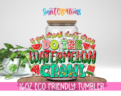 Watermelon Crawl design on a 16 oz clear glass tumbler with bamboo lid
