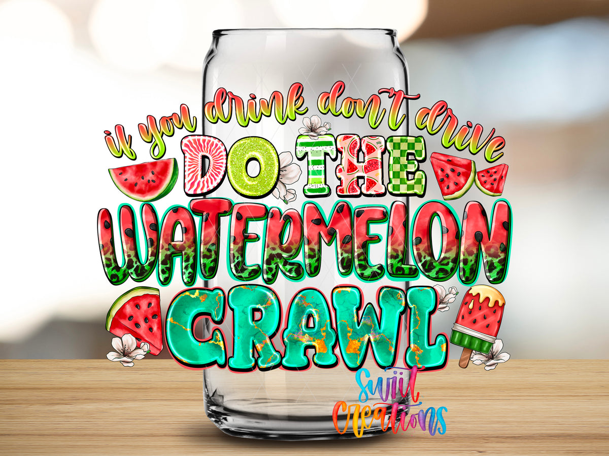Watermelon Crawl design close-up on a clear glass can tumbler