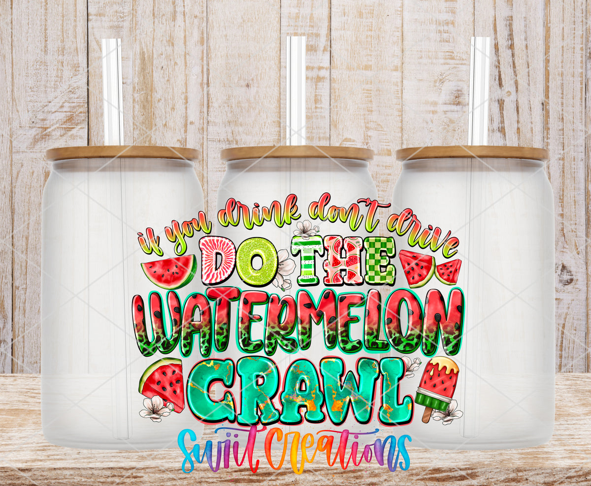 Watermelon Crawl frosted glass tumbler mockup with bamboo lids and straws