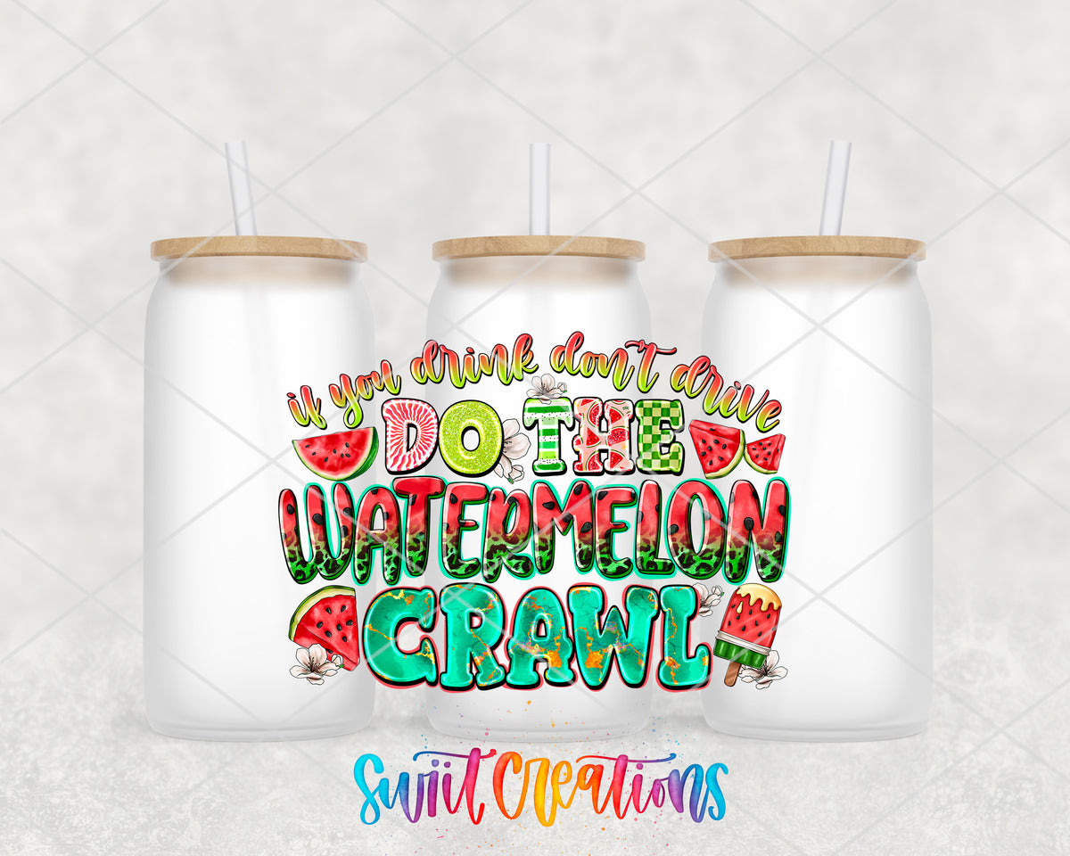 Watermelon Crawl frosted glass tumbler group view with lids and straws