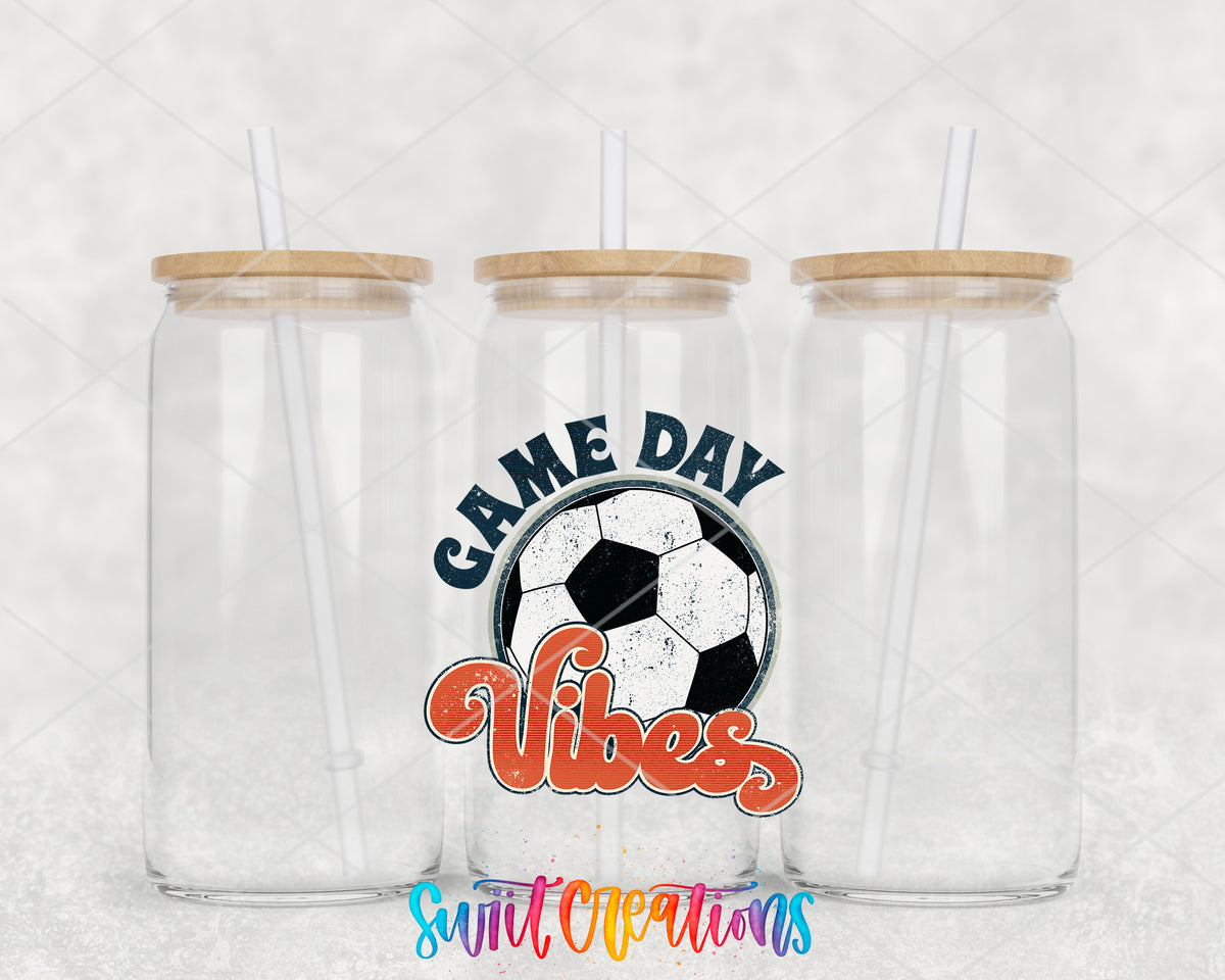 Soccer Game Day Vibes clear glass tumbler group mockup with bamboo lids and straws