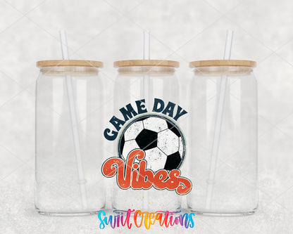 Soccer Game Day Vibes clear glass tumbler group mockup with bamboo lids and straws