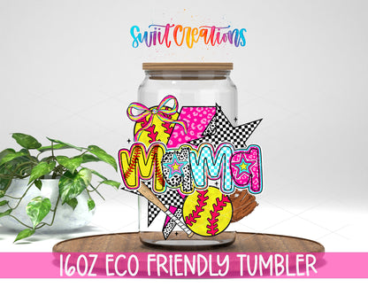 Softball Mama Coquette design on a 16 oz clear glass tumbler with bamboo lid