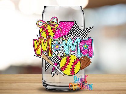 Softball Mama Coquette design close-up on a clear glass can tumbler